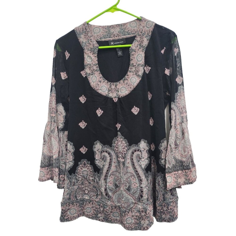 INC International Concepts BOHO Tunic Top Womens Large Black Paisley Bell Sleeve